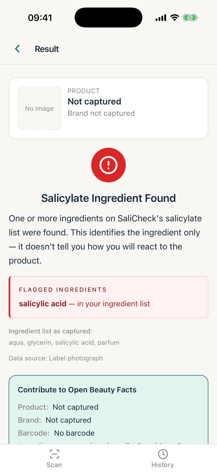 Result for a typed ingredient list: salicylic acid found in your ingredient list.